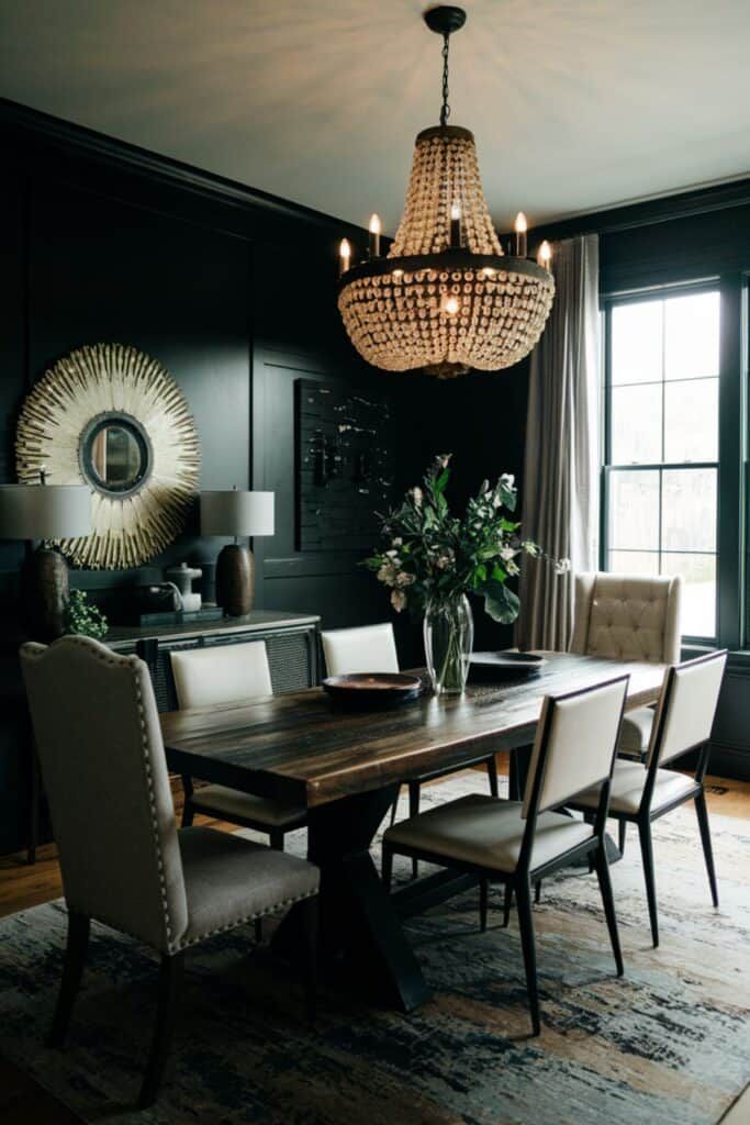 a dining room table with chairs and a chandelier