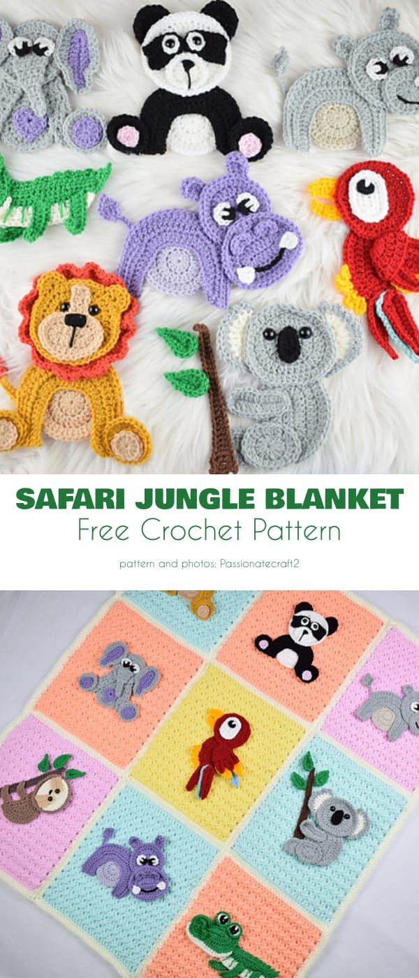 the crochet pattern for safari jungle blanket is shown in different colors and sizes