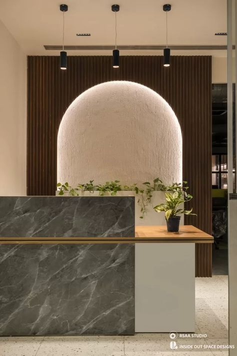 an office lobby with a marble counter top and plant on the desk in front of it