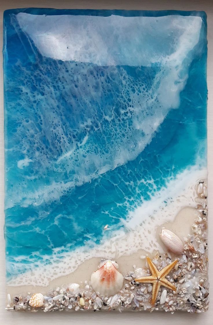 an ocean scene with shells and starfish on the beach, painted in acrylic paint