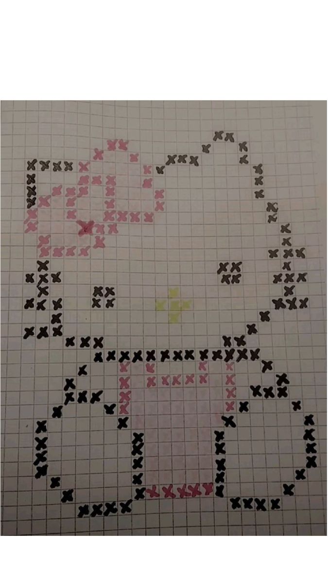 a cross stitch hello kitty pattern on a white sheet with black and pink stars in the middle