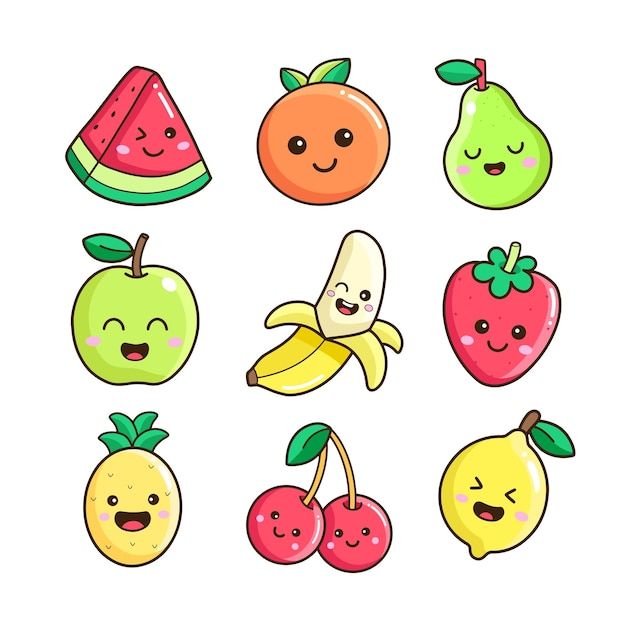 an assortment of fruits with faces drawn on them