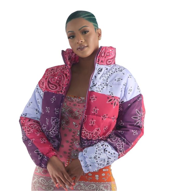 Purple Bandana Crop Puffer Jacket Sale From My Boutique Spring Streetwear Patchwork Outerwear, Spring Streetwear Outerwear With Patchwork, Trendy Patchwork Outerwear For Spring, Multicolor Long Sleeve Puffer Jacket For Spring, Purple Patchwork Outerwear For Streetwear, Spring Long Sleeve Puffer Quilted Jacket, Long Sleeve Puffer Quilted Jacket For Spring, Multicolor Quilted Spring Outerwear, Multicolor Spring Puffer Jacket