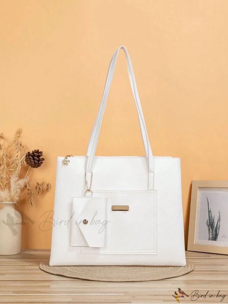 Bird in Bag - Womens Tote Bag with Coin Purse White Pouch Bag With Zipper Pocket, White Satchel Shoulder Bag With Zipper Pocket, Chic White School Bag, White Rectangular Bag With Pockets, White Shoulder Bag With Zipper Pocket For Errands, White Double Handle Bag With Pockets, Elegant White Shoulder Bag With Zipper Pocket, Elegant White Shoulder Bag For School, White Tote Bag With Zipper Pocket