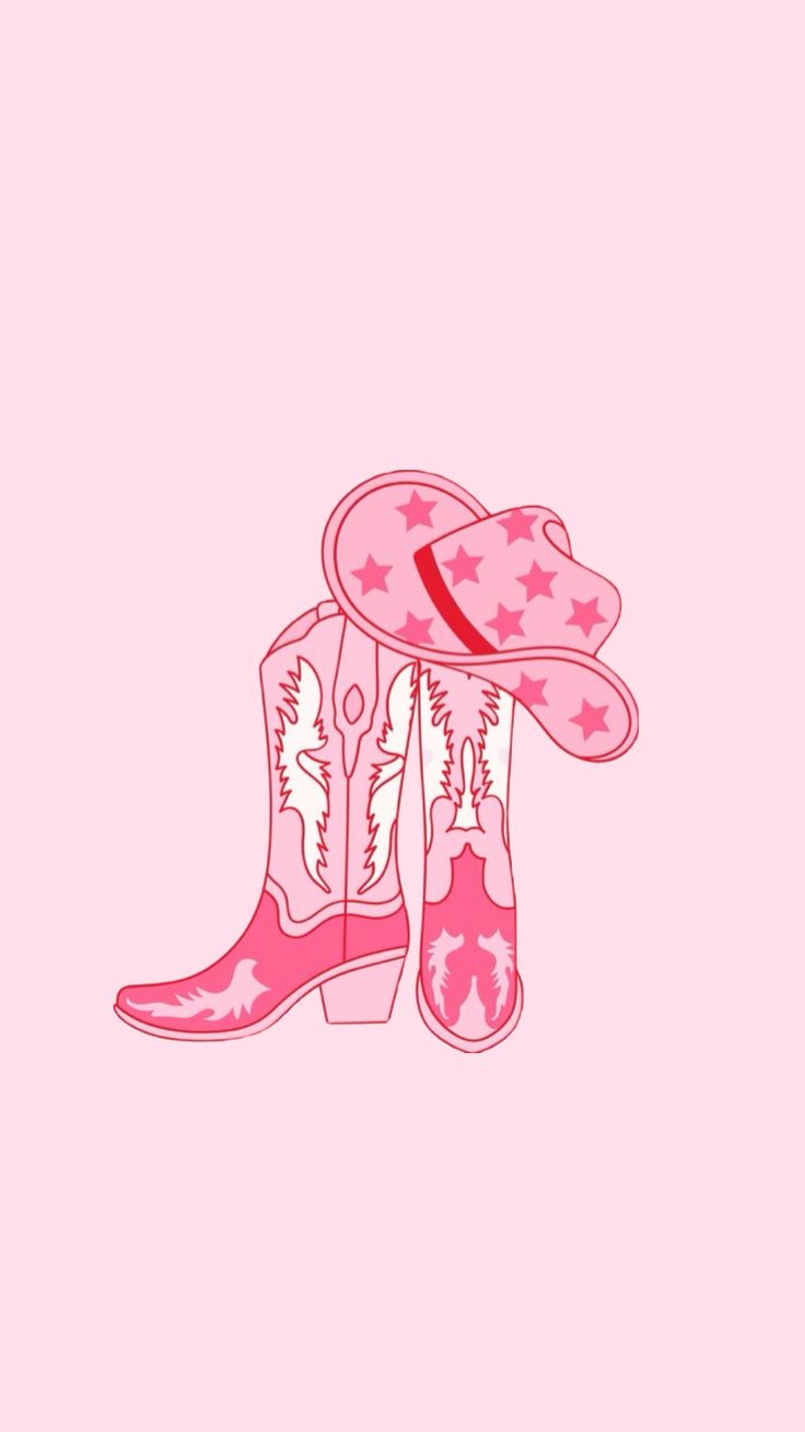 pink cowboy boots with stars on them against a light pink background that says, i love my cowgirl