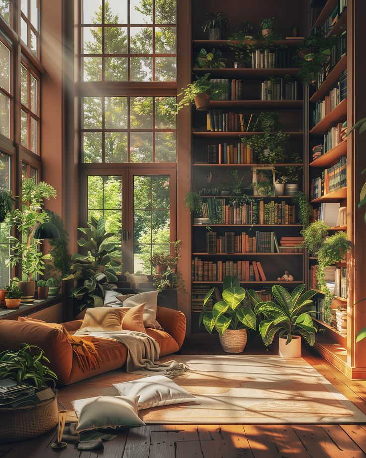 a living room filled with lots of plants and bookshelves next to large windows