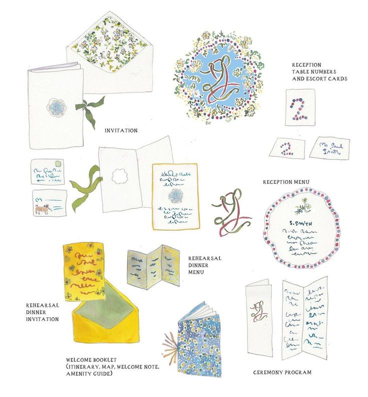 an assortment of wedding stationery items including cards, envelopes and brochures