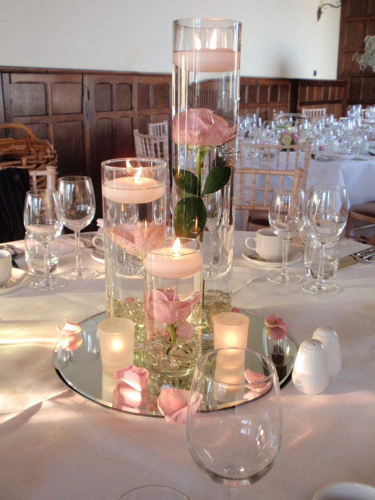 the table is set with candles and flowers