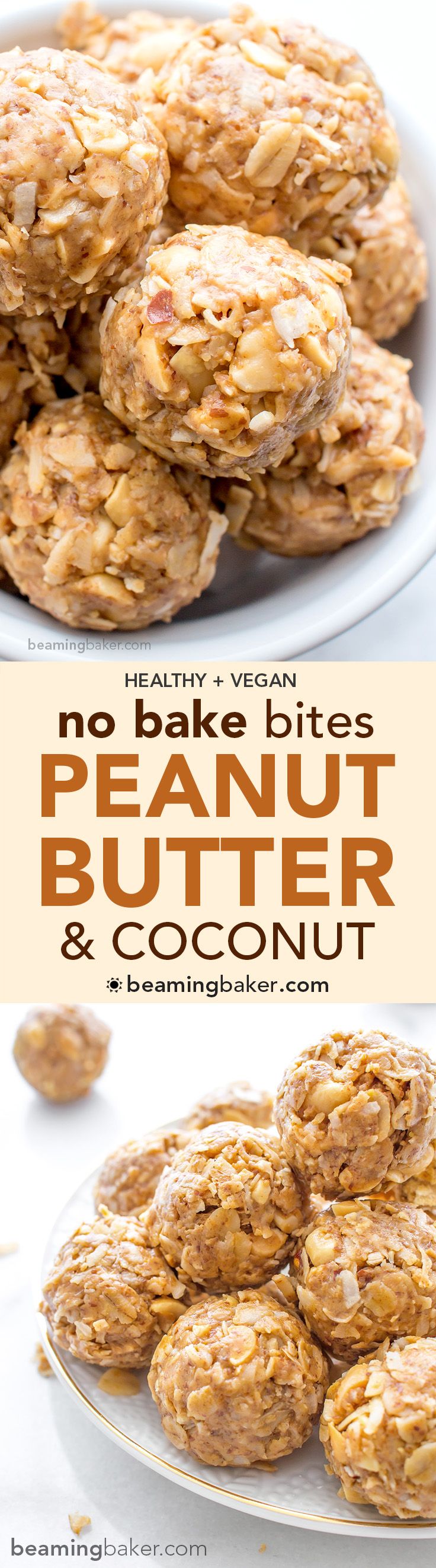 no bake bites peanut butter and coconut cookies on a white plate with text overlay