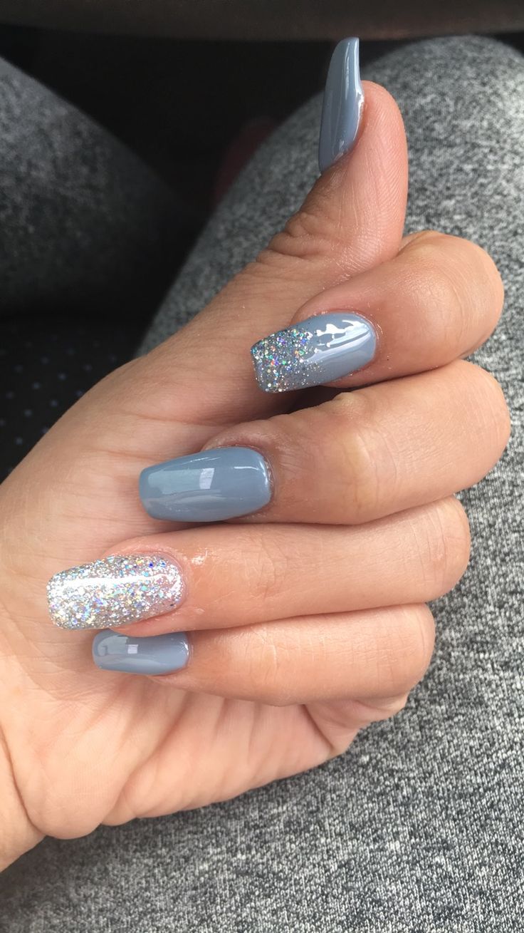 Denim And Diamond Nails Ideas, Blue Nails Bride, Dusk Blue Nails, Elegant Winter Acrylic Nails, Nails For Dusty Blue Dress, Homecoming Blue Nails, Wedding Nails For Bride Dusty Blue, Dusty Blue Bridesmaid Nails, Cinderella Prom Nails