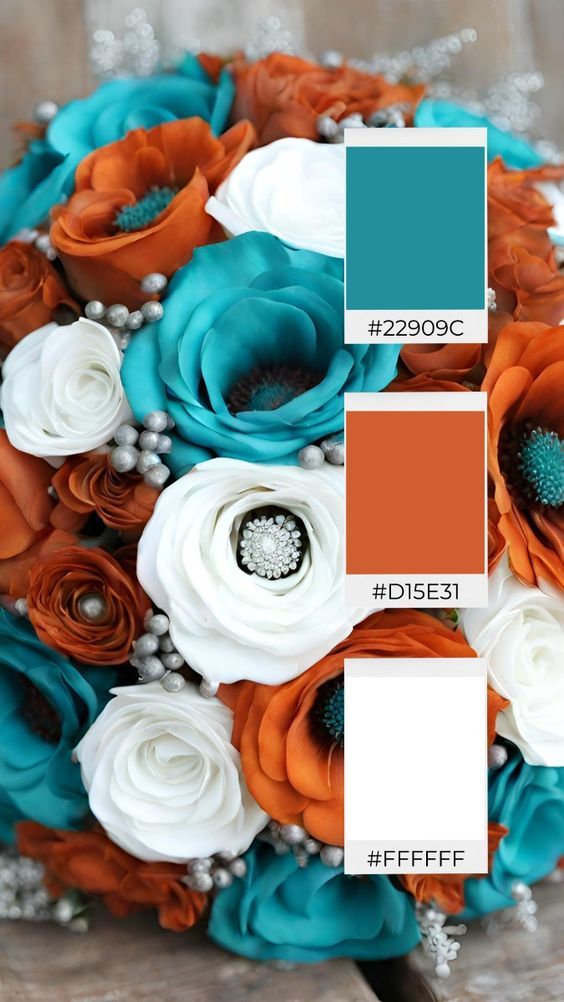 a bridal bouquet with orange and teal flowers on the bottom is shown in this color scheme