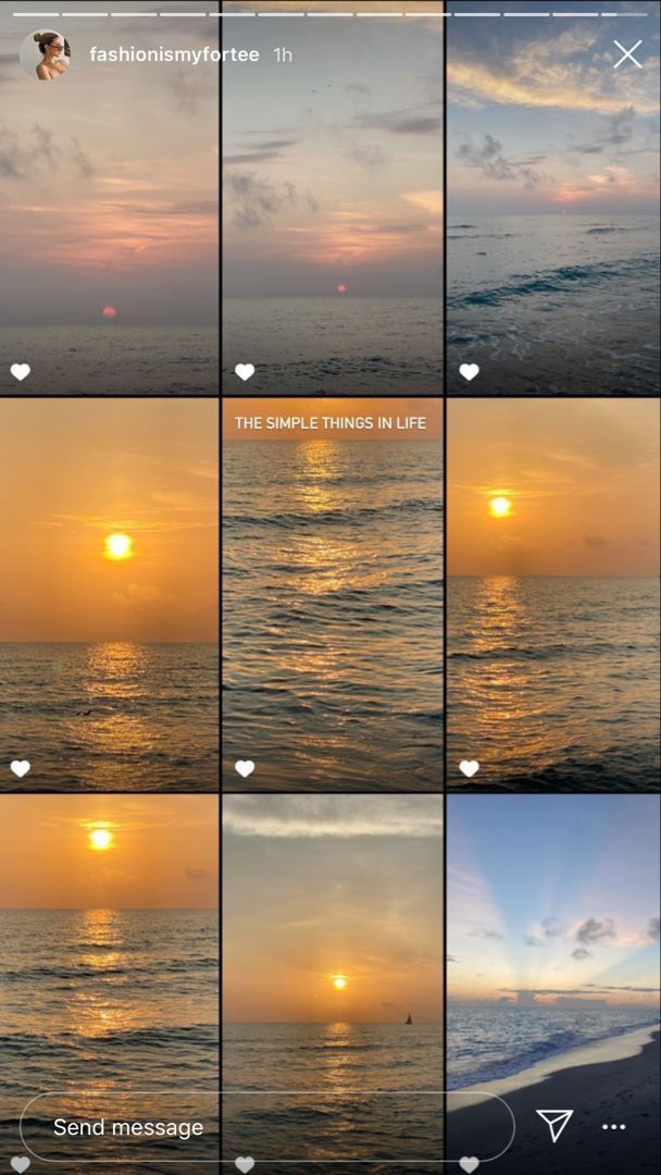 the sun is setting over the ocean with many different pictures on it's screen