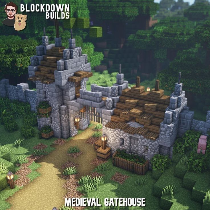 an image of a medieval castle in the middle of some trees and bushes with text overlay that reads blockdown build