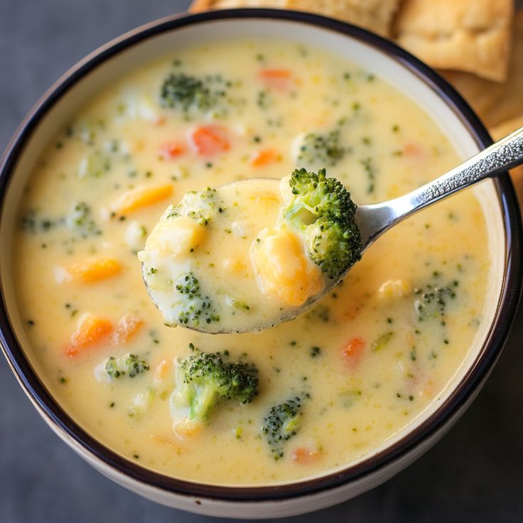 a spoonful of broccoli cheese soup with crackers