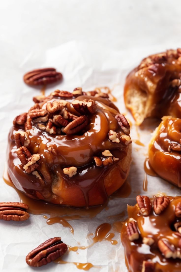 caramel donuts with pecans and maple syrup drizzled on them