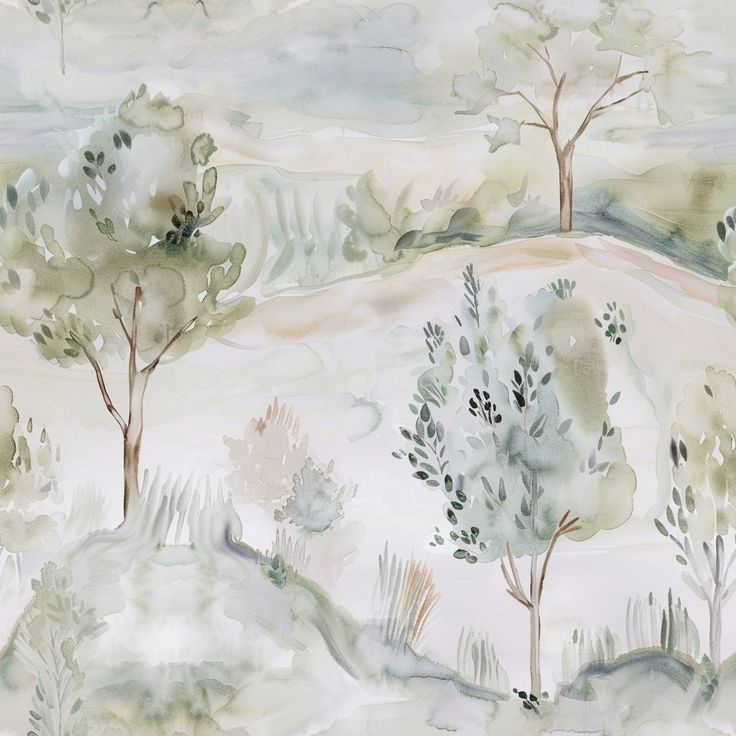 Dessa Wallpaper - Painted Paper Watercolor Landscapes, Soft Watercolor, Pattern Repeat, Cozy Cottage, Painted Paper, Room Colors, Watercolor Landscape, Mural Wallpaper, Shades Of Green