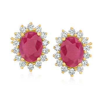 Ross-Simons - 2.00ct t.w. Ruby, .36ct t.w. Diamond Earrings in 14kt Yellow Gold. Perfect for red enthusiasts or the July-born, these 2.00 ct. t.w. oval ruby earrings are bursting with cherry-red goodness from a lively halo of .36 ct. t.w. round brilliant-cut diamonds. Set in polished 14kt yellow gold. Post/clutch, diamond and ruby earrings. Ruby birthstones are the perfect gift for July birthdays. Classic Ruby Diamond Earrings With Accents, Classic Ruby Diamond Earrings With Diamond Accents, Classic Red Diamond Earrings, Yellow Gold Ruby Earrings With Brilliant Cut, Classic Red Diamond Earrings With Brilliant Cut, Classic Red Earrings With Halo Setting, Red Oval Diamond Earrings For Anniversary, Oval Red Diamond Earrings For Anniversary, Classic Red Diamond Earrings With Accents