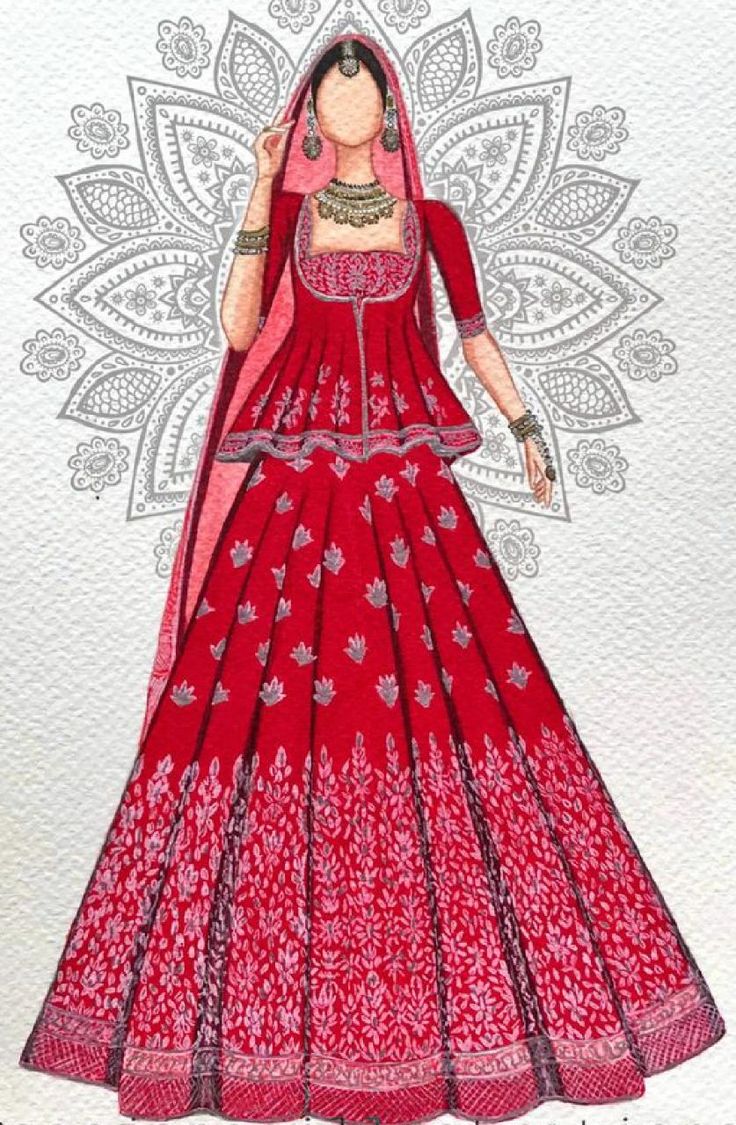 a drawing of a woman in a red dress with an intricate design on the back