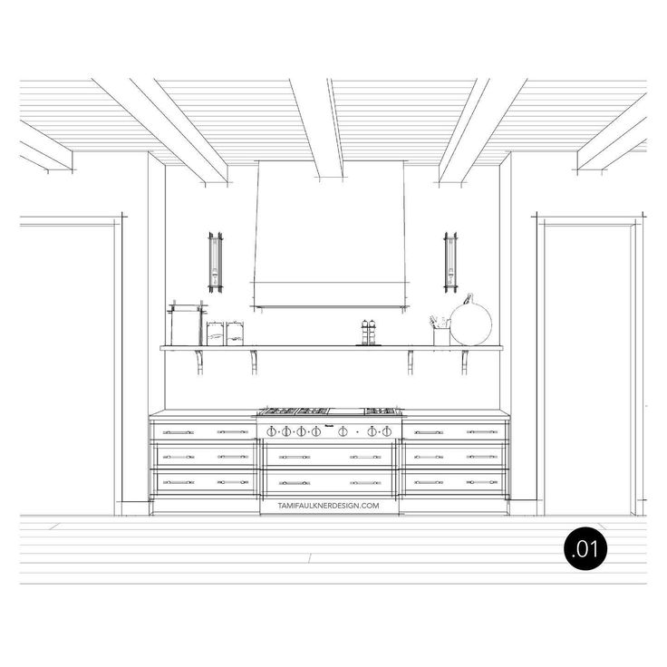 a drawing of a kitchen with an oven, sink and cabinets in the middle of it