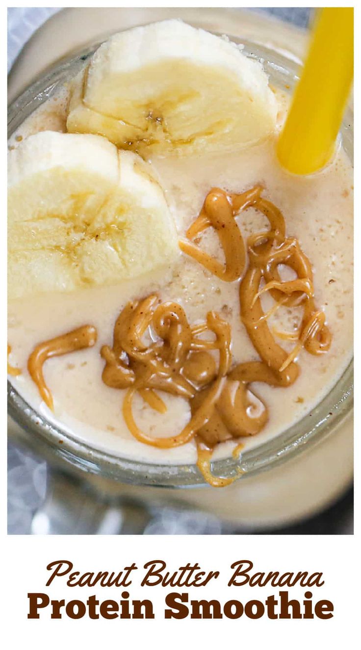 the peanut butter banana protein smoothie is ready to be eaten