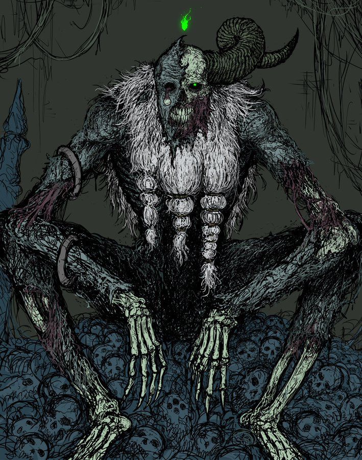 a drawing of a demon with horns and hands on his knees, sitting in the middle of a pile of skulls