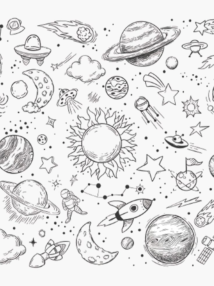 the solar system with planets and stars in black and white coloring book page for kids