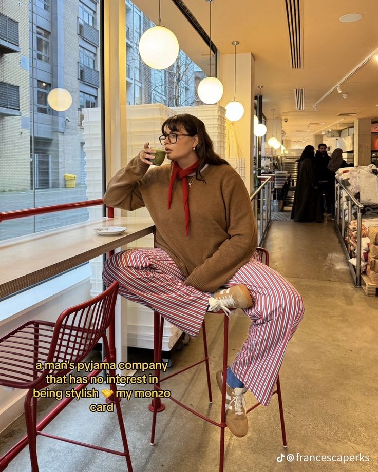 Outfits With Pops Of Red, Dress Over Trousers Outfit, Twee Plus Size Outfits, Pyjama Trousers Outfit, Fall 2024 Plus Size Outfits, Grandpa Chic Outfit, Maximalist Fall Outfits, Red Outfit Plus Size, Red Trousers Outfit Casual