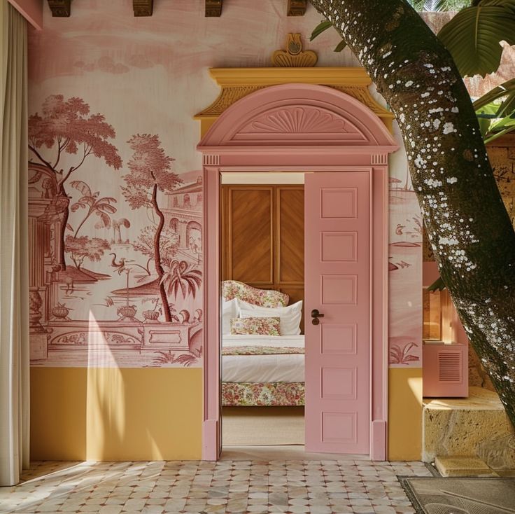 an open door leading to a bedroom with pink walls and paintings on the wall behind it