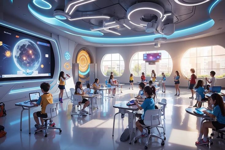 children are sitting at desks in front of a large screen with planets on it