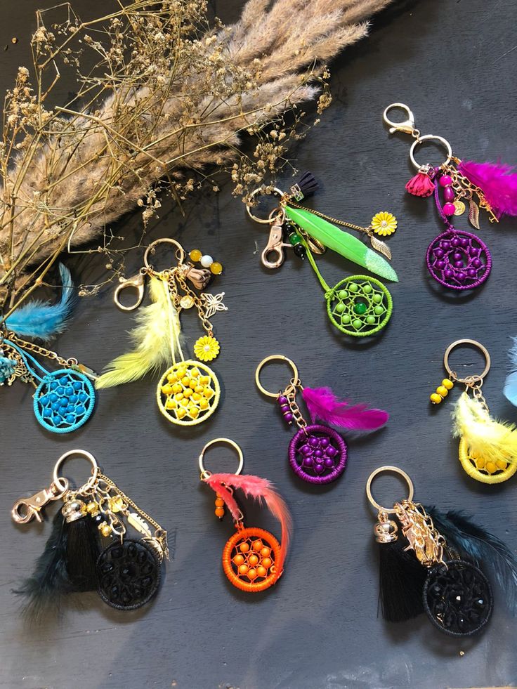 a collection of different colored and black key chains with feathers on them next to dried plants