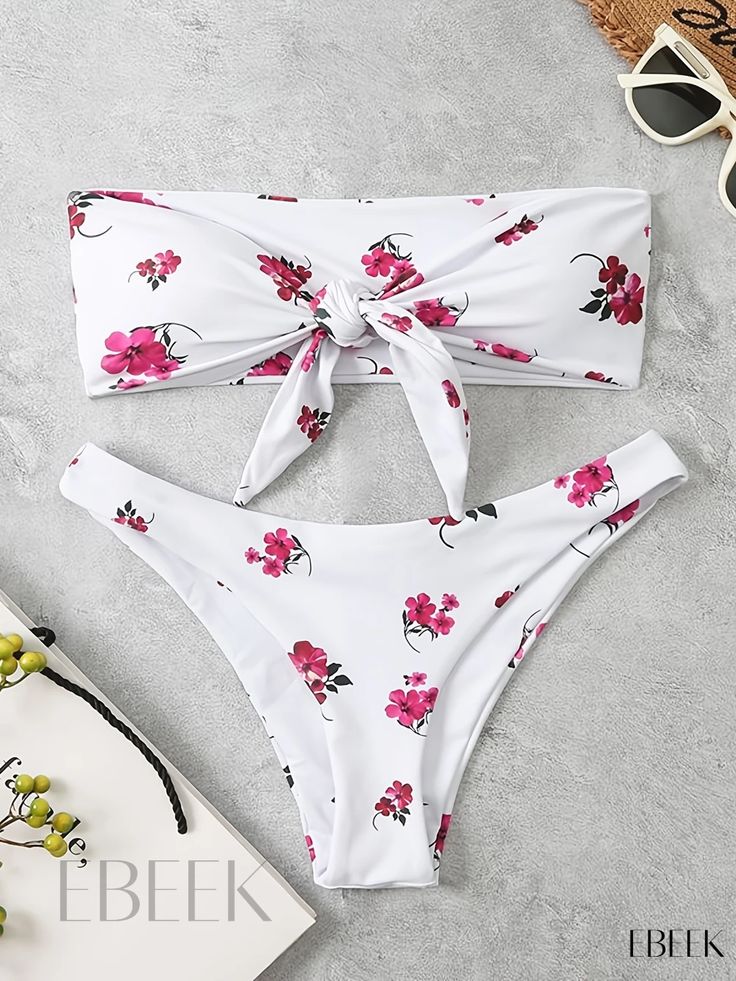 Ebeek - Womens Floral Print Bandeau Bikini Set: Knot Front Strapless Tube Top with High Cut, Stretchy Beachwear - 2 Piece Swimsuit, Perfect for Womens Swimwear & Clothing White Swimwear For Holiday Vacation, White Strapless Swimwear For Summer, White Beachy Swimwear For Holiday, Bandeau Swimwear For Beach Season Vacation, Bandeau Swimwear For Beach Vacation, Bandeau Swimwear For Vacation Beach Season, White Swimwear For Summer Holiday, White Swimwear For Spring Holiday, White Strapless Swimwear For Spring