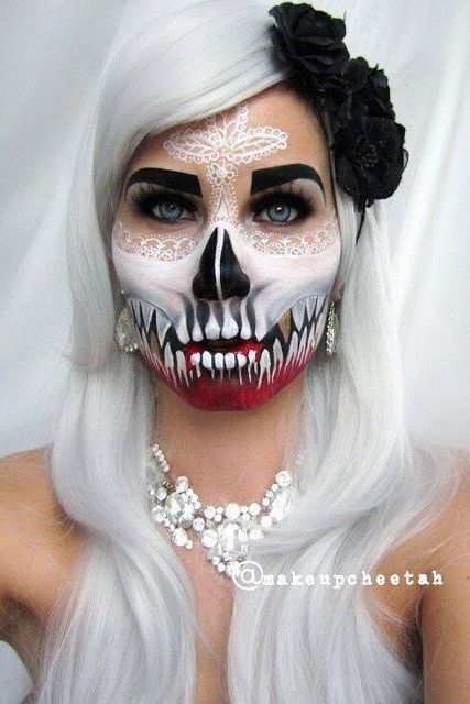 One of our favorite Halloween looks pulls from an iconic "scary" image: the skull. Try one of these stunning skeleton faces. Cool Skeleton Makeup, Skeleton Makeup Ideas, Halloween Skeleton Makeup, Corpse Bride Makeup, Perfect Wedding Makeup, Amazing Wedding Makeup, Storybook Theme, Gorgeous Wedding Makeup, Cool Skeleton