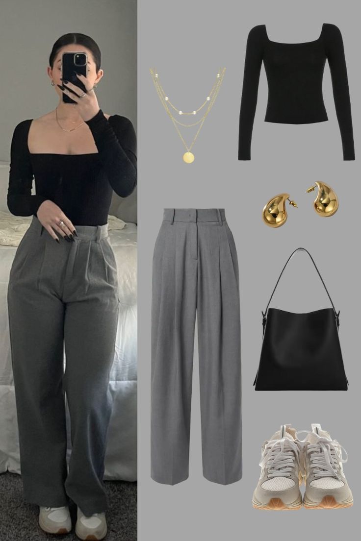 Trouser Grey Outfit, Sneakers For Dress Pants, Grey Pants Black Top Work Outfits, Top With Trousers Outfit, Tops To Wear With Black Trousers, Pleated Trouser Outfit Women, Outfits With Trousers Women, Trousers Outfit For Women Casual, Outfit Inspo Black Trousers