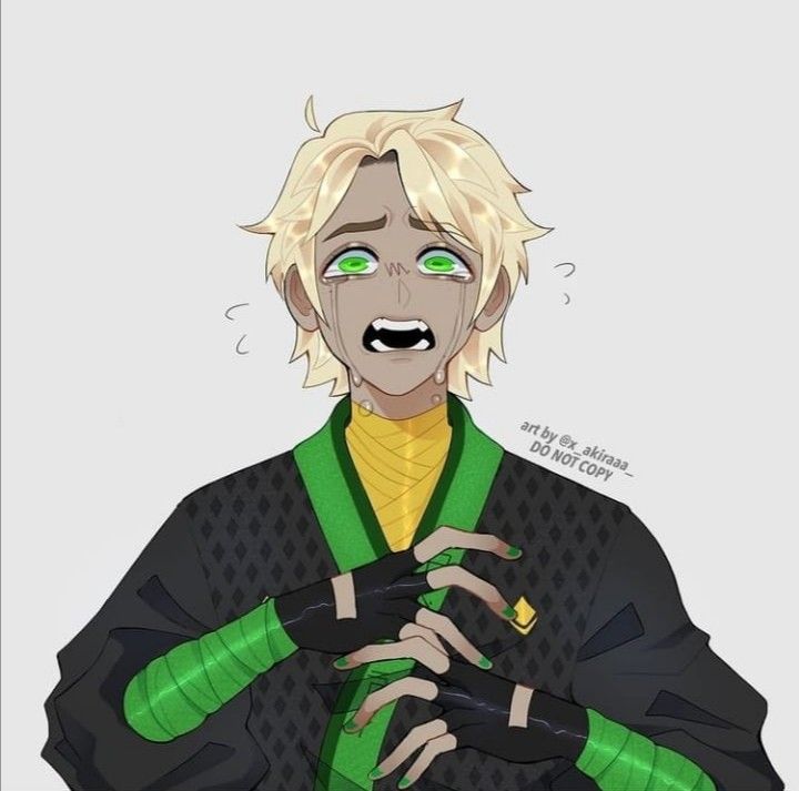 a drawing of a person with green eyes and blonde hair, wearing a black jacket