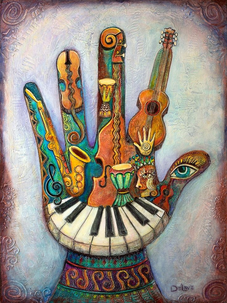 a painting of a hand with musical instruments on it