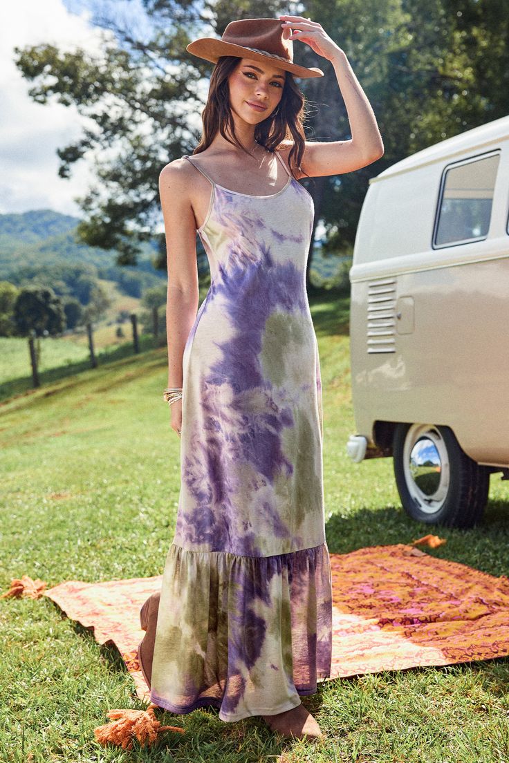 This tie dye maxi dress, crafted from soft jersey fabric, features a playful ruffled hem and a comfortable scoop neck. Sleeveless and vibrant, it's your go-to for beach days, barbecues, or just lounging in style. Product code: CAA05A4E111VH Features:  Knit Scoop neckline Sleeveless Ruffle hem Maxi Wash Method: Regular Wash Material: 100%POLYESTER. Tie And Die Dresses, Maxi Pattern, Affordable Swimwear, Tie Dye Maxi Dresses, Tie Dye Maxi, Long Midi Dress, Beach Wear Dresses, Dip Dye, Beach Days