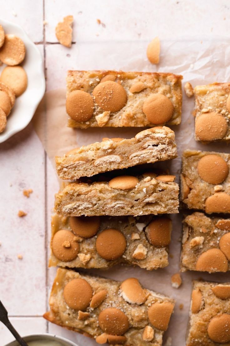 banana pudding brownies cut into bars. Banana Pudding Brownies, Pudding Brownies, Cambrea Bakes, Vanilla Wafer Cookies, Homemade Vanilla Pudding, Vanilla Wafer, Wafer Cookies, Vanilla Wafers, S'mores