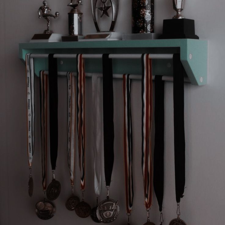 several medals are hanging on a shelf in a room