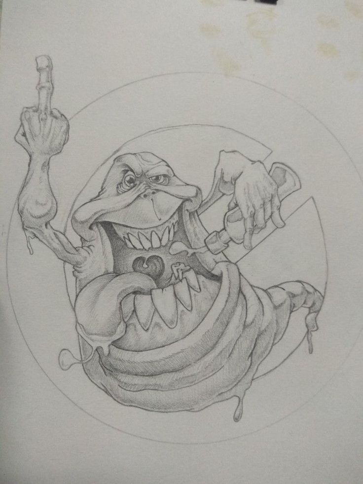 a pencil drawing of a cartoon character holding a knife and an apple in his hand