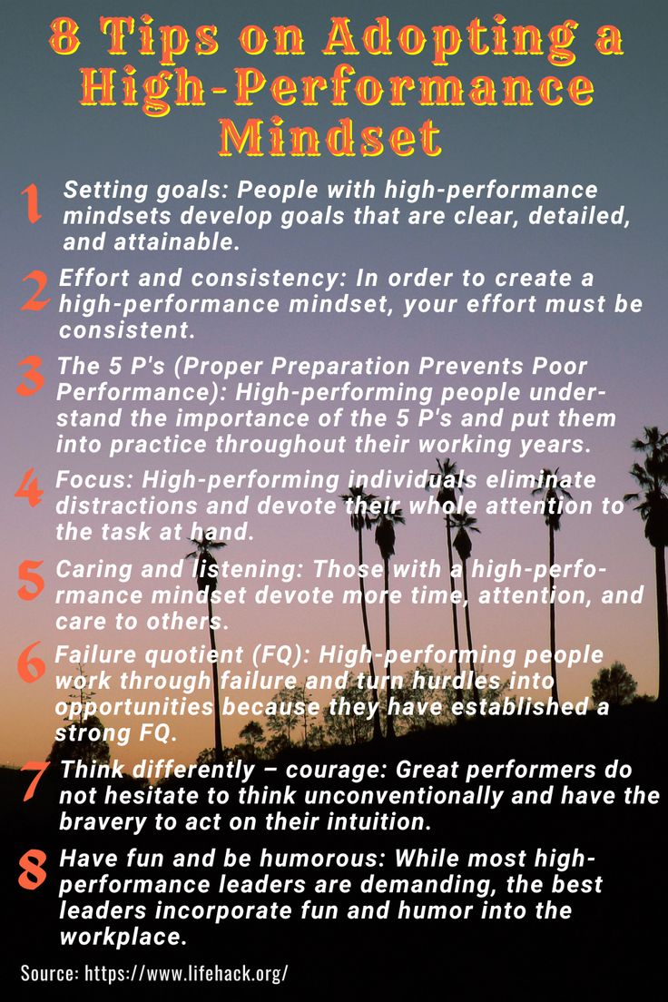 a poster with palm trees and the words tips on adopting a high - performance mindset