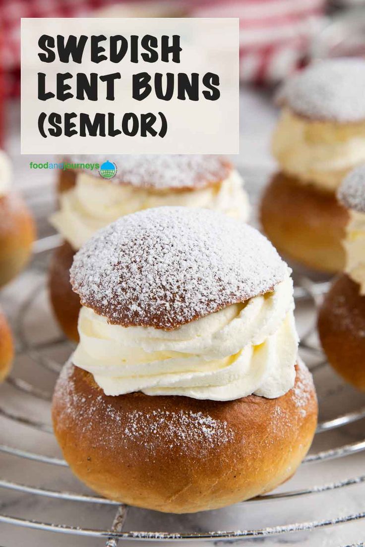 swedish lent buns with cream filling on a cooling rack for sale in a store