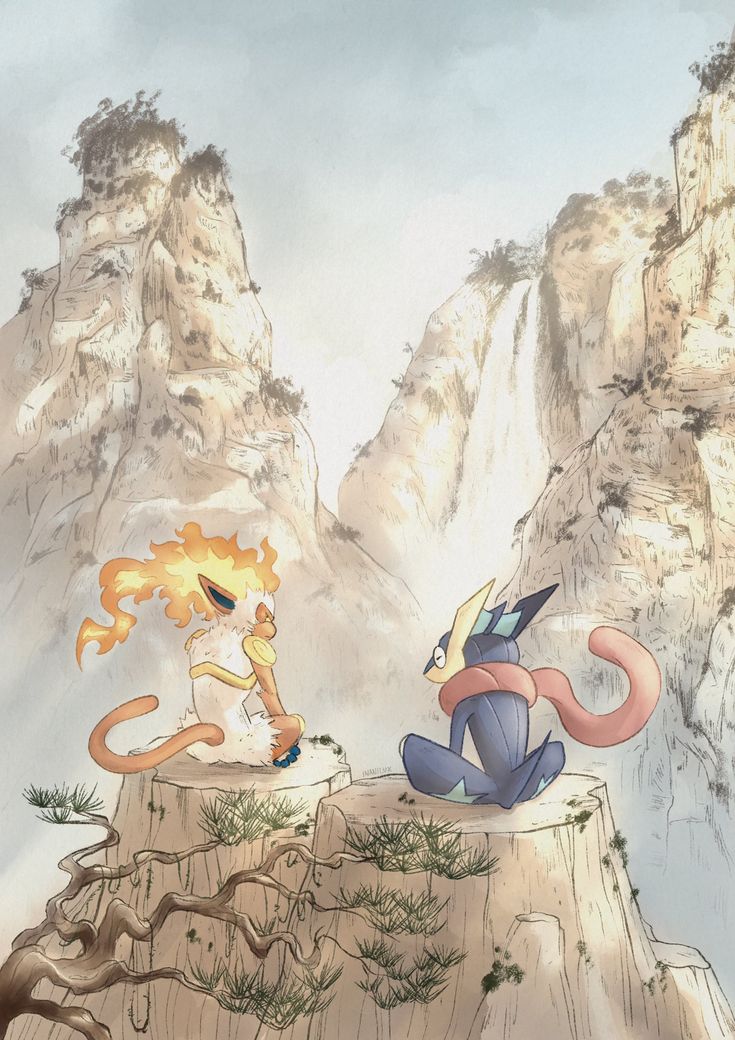 two cartoon characters are on top of a mountain and one is holding an orange snake