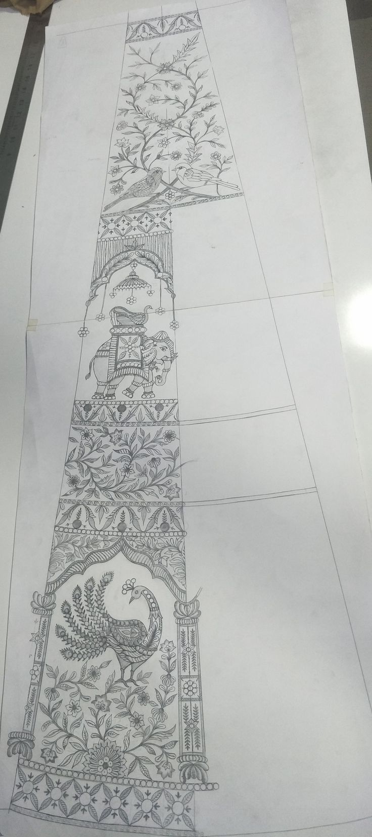 a drawing of a tall tower with many designs on it's sides and the top section