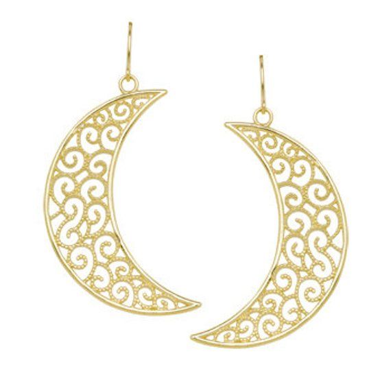 14k Filigree Crescent Moon Earrings, Filigree Crescent Moon Earrings, Crescent Moon, Filigree, Earri Elegant Moon Shaped Earrings With Sun And Moon Design, Gold Half Moon Pierced Earrings, Elegant Gold Moon-shaped Earrings, Gold Moon-shaped Pierced Earrings, Gold Moon Shaped Pierced Earrings, Elegant Half Moon Pierced Earrings, Sun And Moon Earrings, Gold Flower Ring, Kids Rings