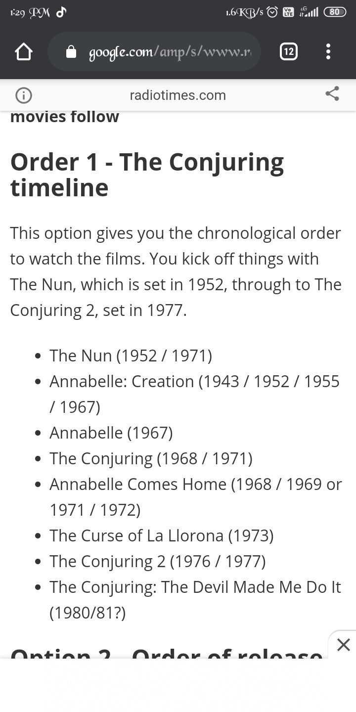 an iphone screen with the text order 1 - the conjuring timeline on it