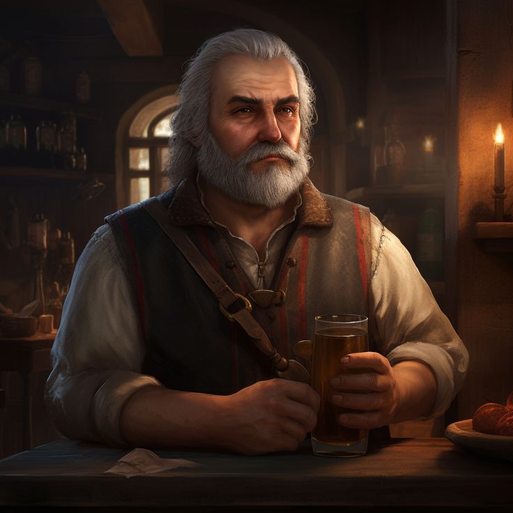 an old man sitting at a table holding a beer