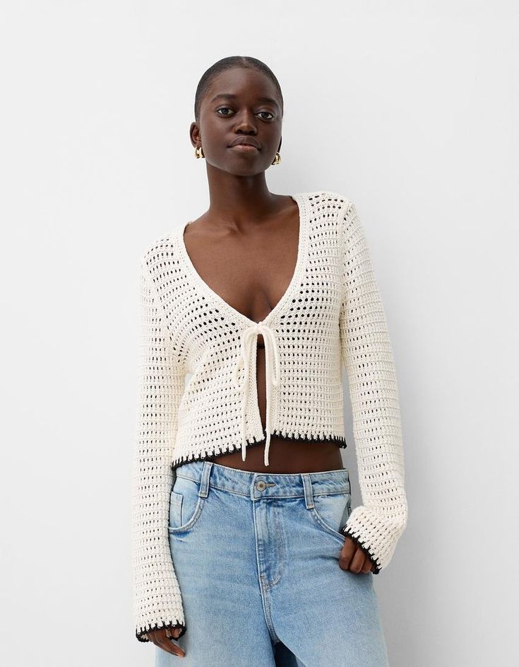 Rustic crochet cardigan - Women | Bershka Fall Crochet V-neck Top, V-neck Open Knit Cardigan For Day Out, Fall Crochet V-neck Top With Crochet Trim, Chic Open Knit Long Sleeve Cardigan, Knit Crochet Long Sleeve Top For Day Out, Chic Long Sleeve Open Knit Cardigan, Summer Knitted V-neck Outerwear, Textured Knit Long Sleeve Cardigan For Day Out, Chic Crochet Knit Top With Long Sleeves