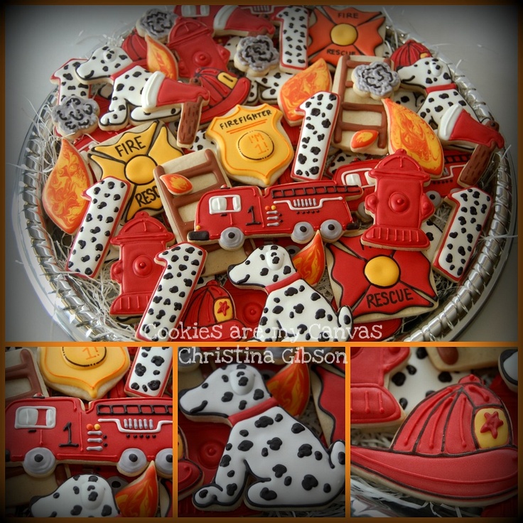 firetruck cookies are arranged on a plate