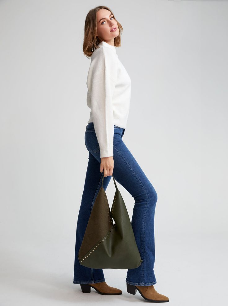 Elevate your style this Fall/Winter season with the Ryker Hobo from Shiraleah. This unique accessory, made from pebble grain PU and suede PU, is a testament to the brand's commitment to creating trendy, thoughtful gifts. Its design is not just fashionable, but also practical, ensuring you can carry your essentials with ease. Pair with other items from Shiraleah's collections to complete your look! Color: Olive L 16.5" × W 3" × H 10"; Hnd 10" Pebble Grain Pu And Sueded Pu Gold Hardware Single Sho Modern Hobo Bag With Silver-tone Hardware, Chic Brown Hobo Bag With Silver-tone Hardware, Pebbled Leather Hobo Shoulder Bag With Gold-tone Hardware, Brown Hobo Bag With Silver-tone Hardware, Brown Crossbody Hobo Bag With Silver-tone Hardware, Fun Pants, Cute Boutiques, How To Make Handbags, American Women