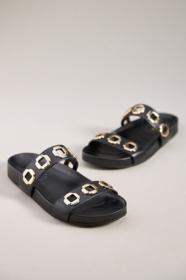 Leather upper, insole Rubber sole Slip-on styling Imported | Milan Slide Sandals by Larroudé in Black, Women's, Size: 6, Leather/Rubber at Anthropologie Gold Sandals With Studded Rubber Outsoles And Round Toe, Chic Flat Sandals With Studded Rubber Outsoles, Chic Flat Footbed Sandals With Removable Insole, Designer Sandals With Textured Footbed And Round Toe, Shoe Makeover, Modern Eclectic, Eclectic Style, Black Fits, Slide Sandals